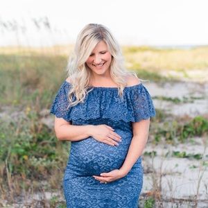 Blue Lace Off Shoulder Maternity Dress